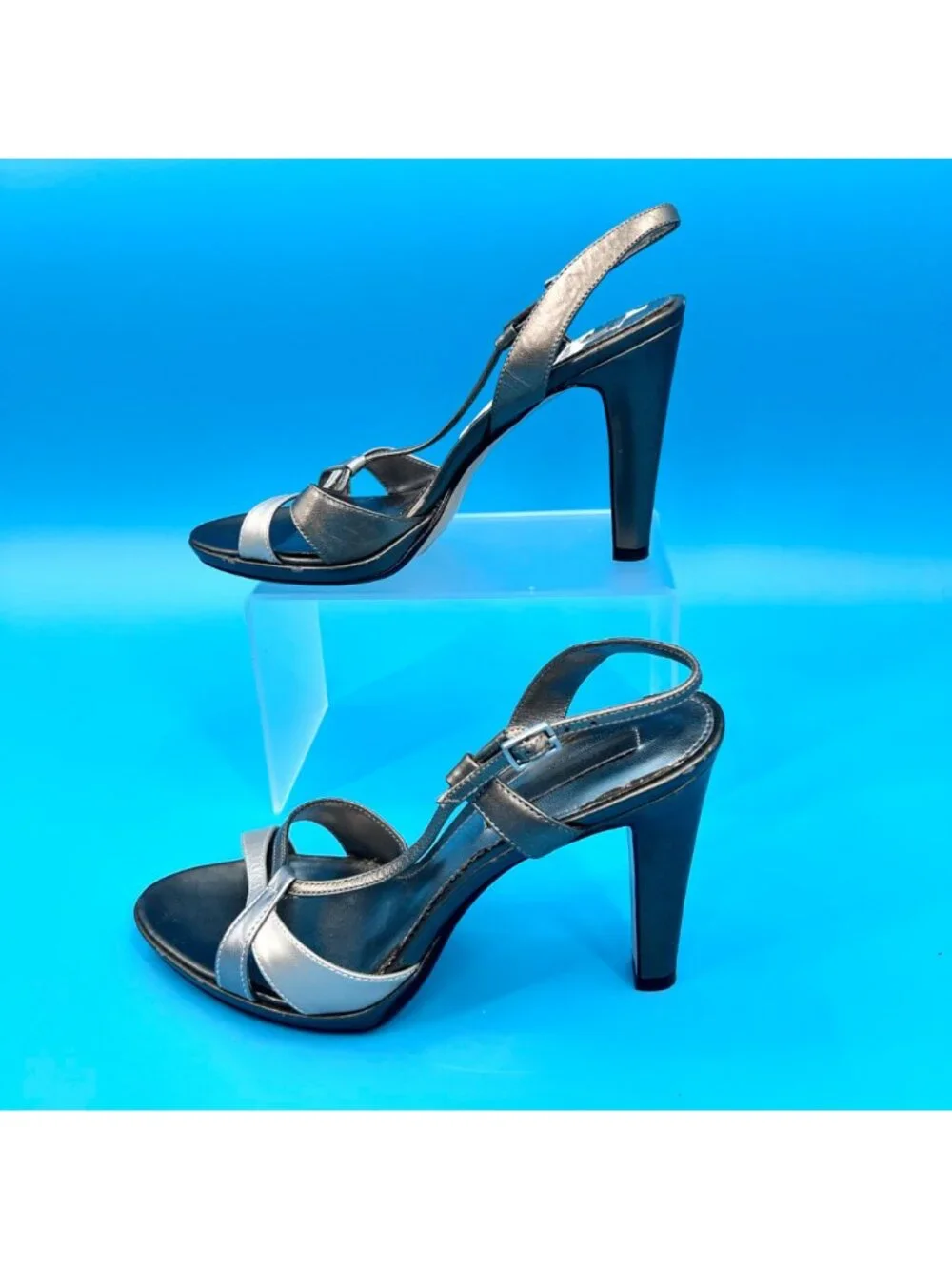 NWT BANDOLINO BDZOHRA METALLIC PEWTER & SILVER LEATHER STRAPPY SANDALS  - 7.5M